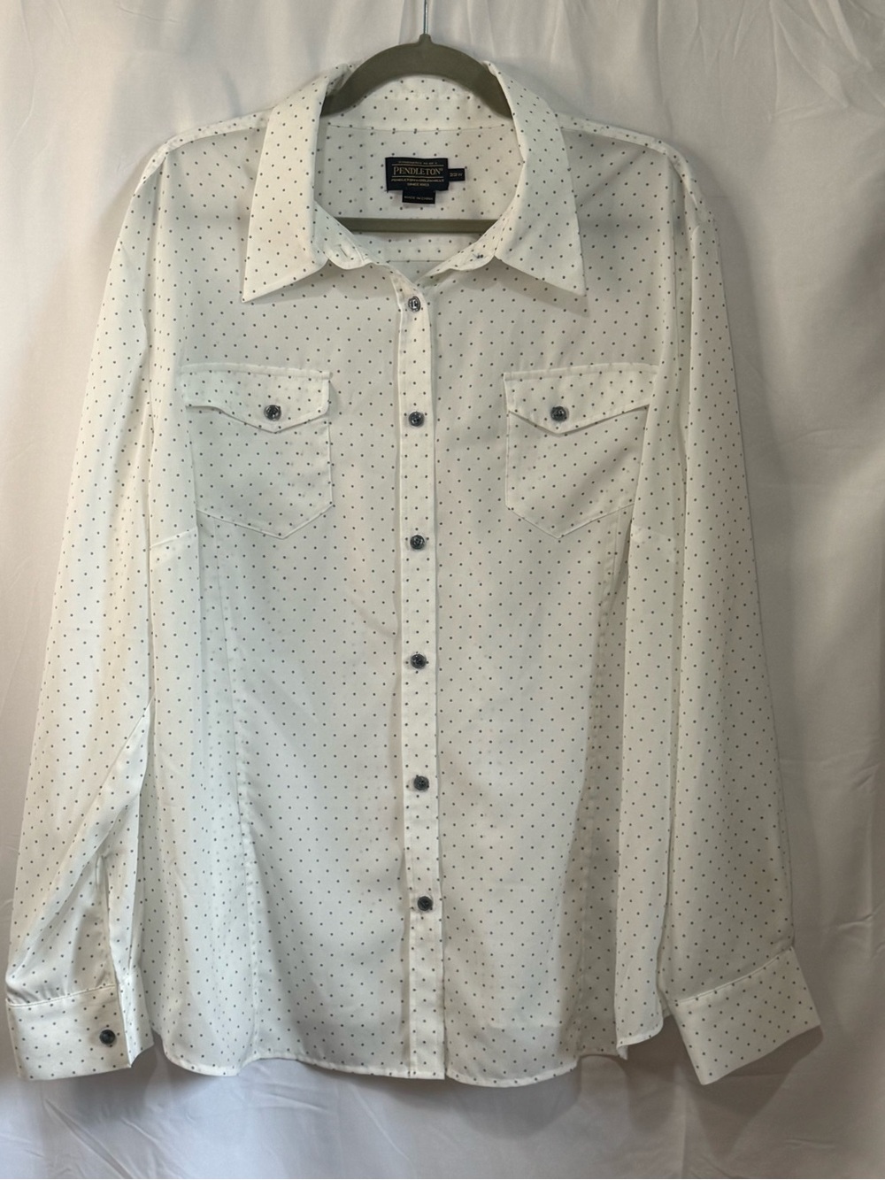 Pendleton White Shirt with Tiny gray Dot Print - Women’s blouse.  Sheer, light,